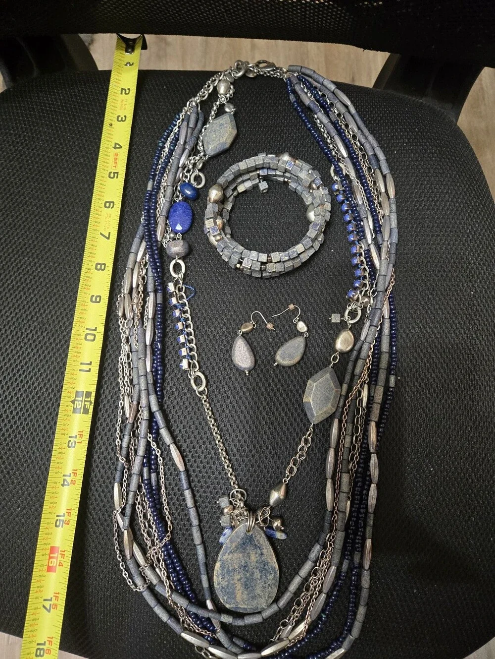 Chicos Multi-Strand Blue Stone Pendant Necklace Set with Bracelet & Earrings